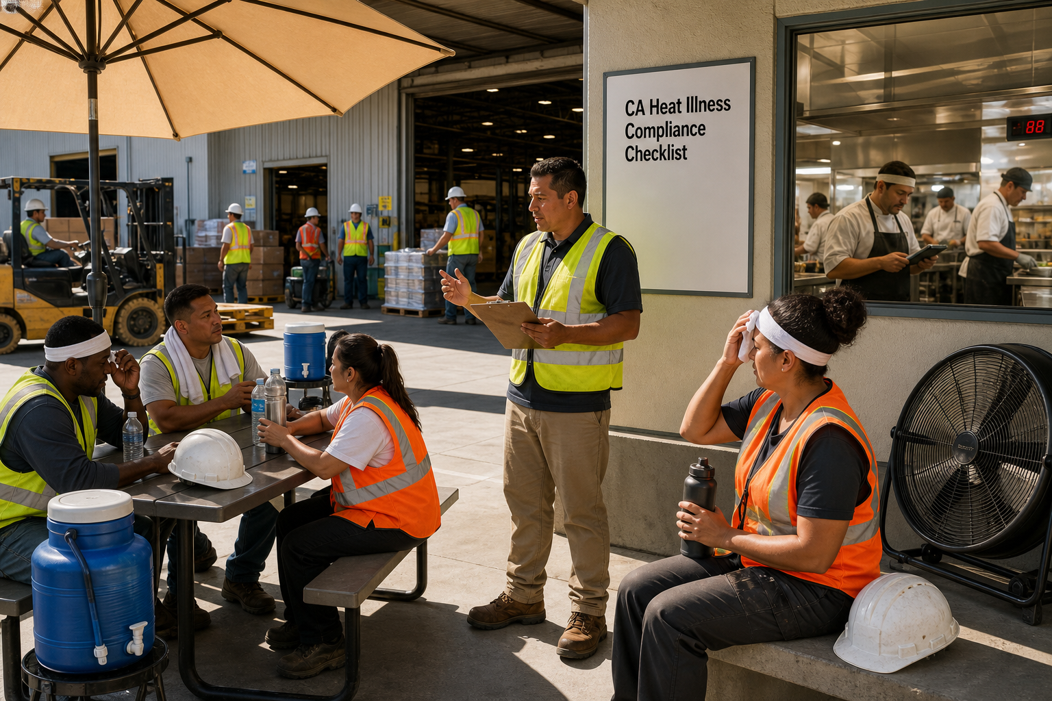 A subtle California outdoor jobsite or industrial setting in warm, late-afternoon light (e.g., construction site, utility crew, or warehouse bay with open doors).