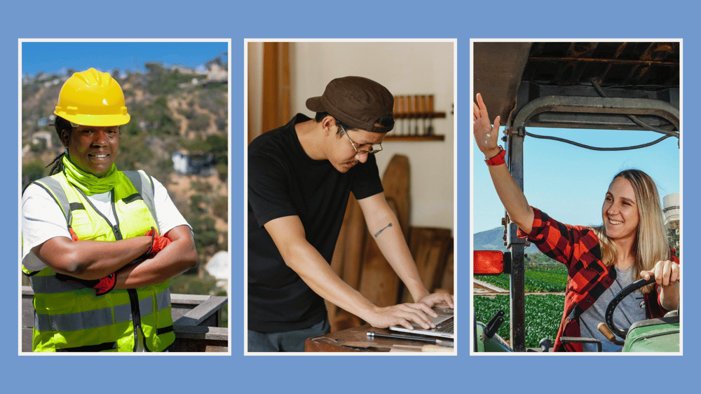 Banner with three photos including a woman in construction gear, a man in a woodworking shop, and a woman driving a tractor